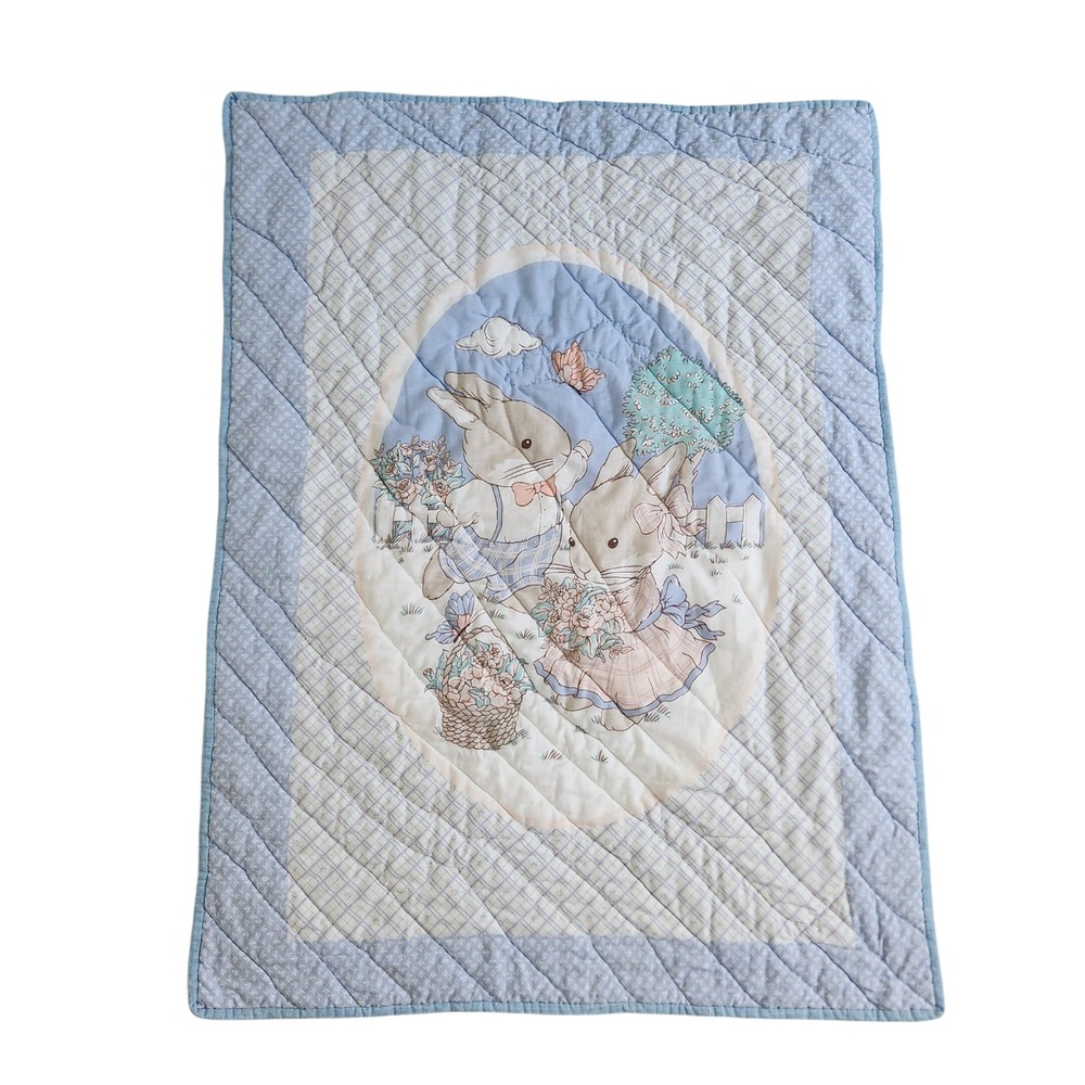 Vintage Blue Quilted Baby Blanket Bunny Rabbit Garden Floral Nursery 32x42